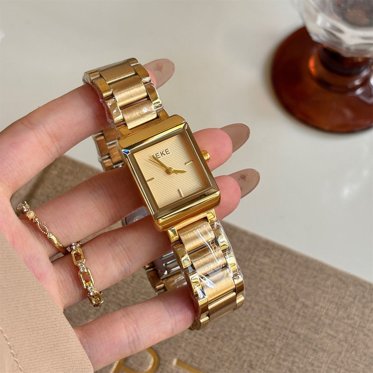 IEKE Executive Square Gold Steel Bracelet Watch - Timeless Business Quartz Watch for Women
