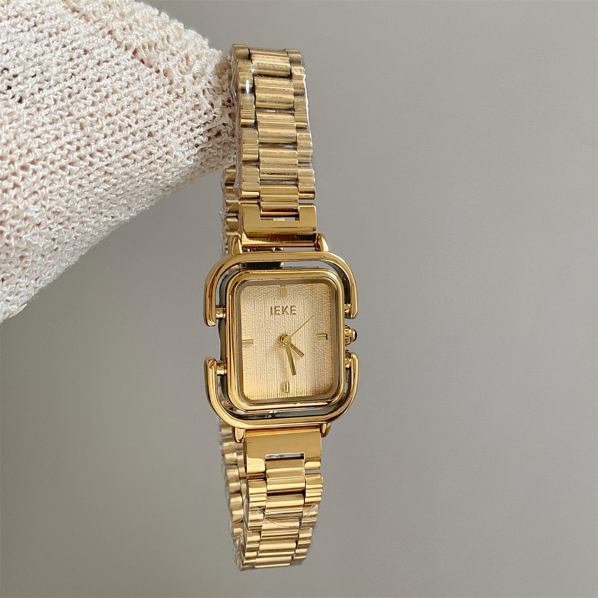 IEKE Double-Tier Square Frame Leather Watch - Architectural Vintage Quartz Watch for Women