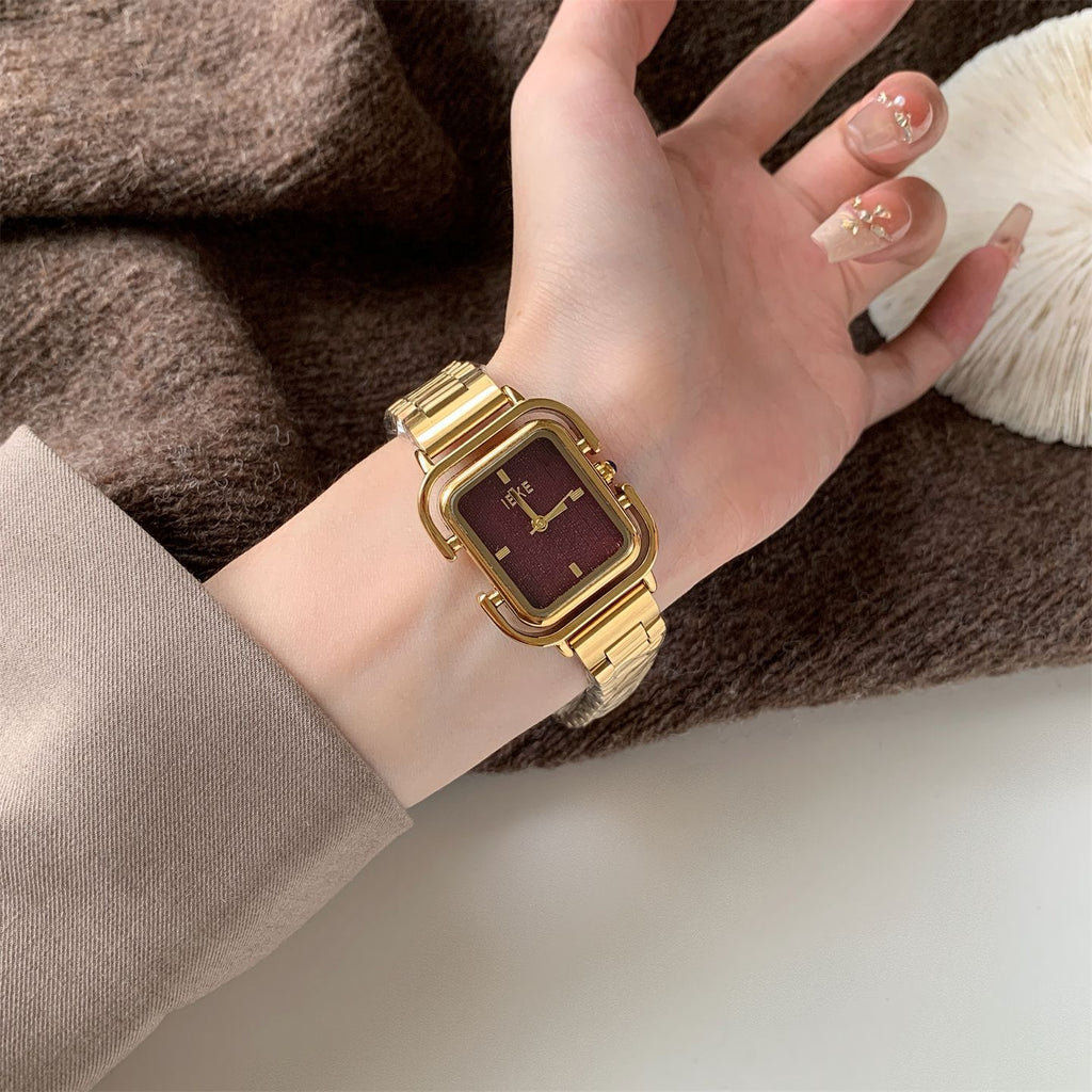 IEKE Double-Tier Square Frame Leather Watch - Architectural Vintage Quartz Watch for Women