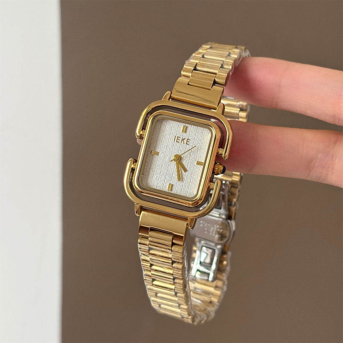 IEKE Double-Tier Square Frame Leather Watch - Architectural Vintage Quartz Watch for Women