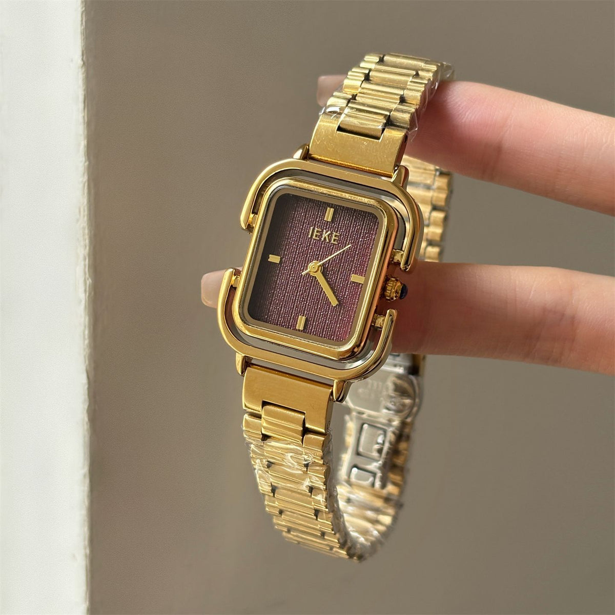 IEKE Double-Tier Square Frame Leather Watch - Architectural Vintage Quartz Watch for Women
