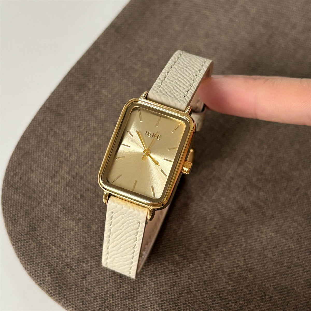 IEKE Vintage Estate Rectangular Tank Watch with Leather Strap - Quiet Luxury Quartz Watch for Women