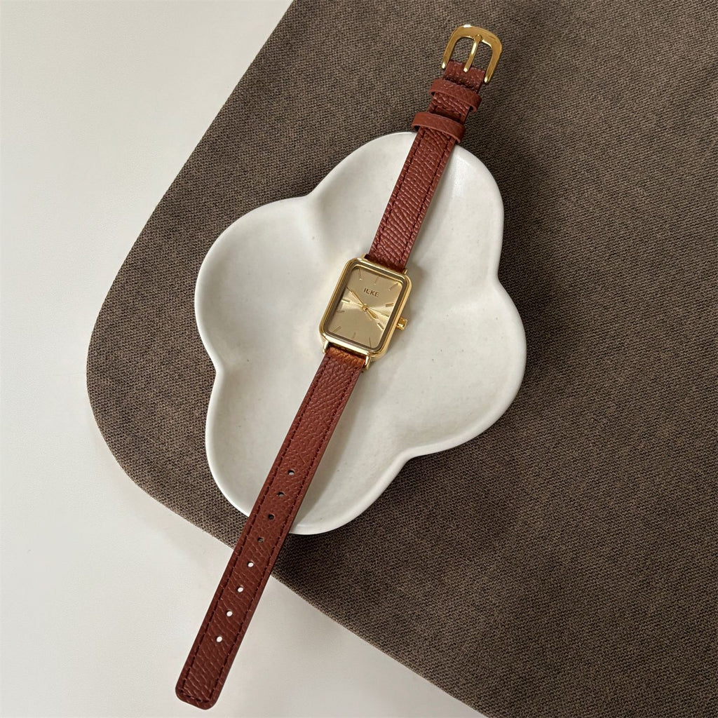 IEKE Vintage Estate Rectangular Tank Watch with Leather Strap - Quiet Luxury Quartz Watch for Women
