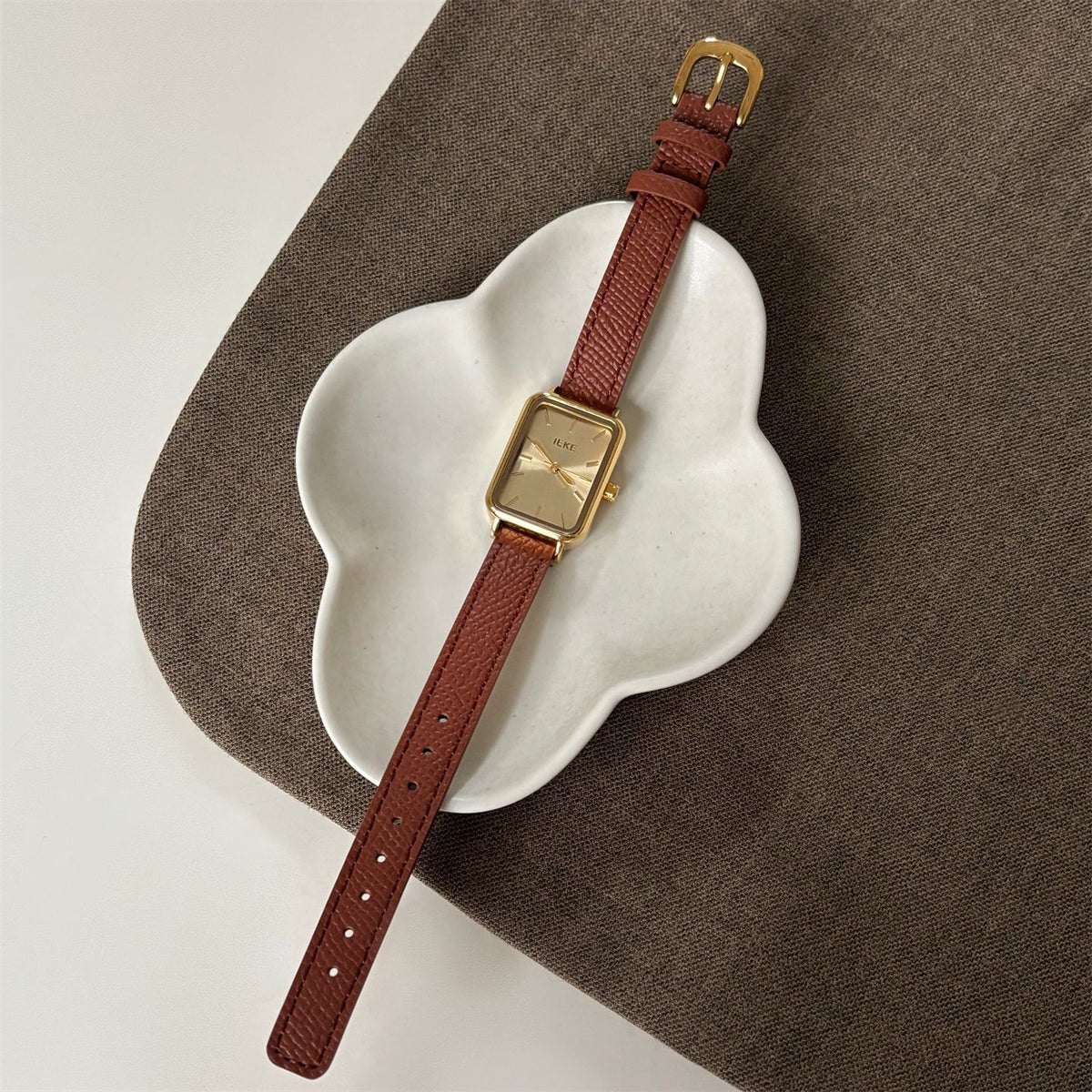 IEKE Vintage Estate Rectangular Tank Watch with Leather Strap - Quiet Luxury Quartz Watch for Women