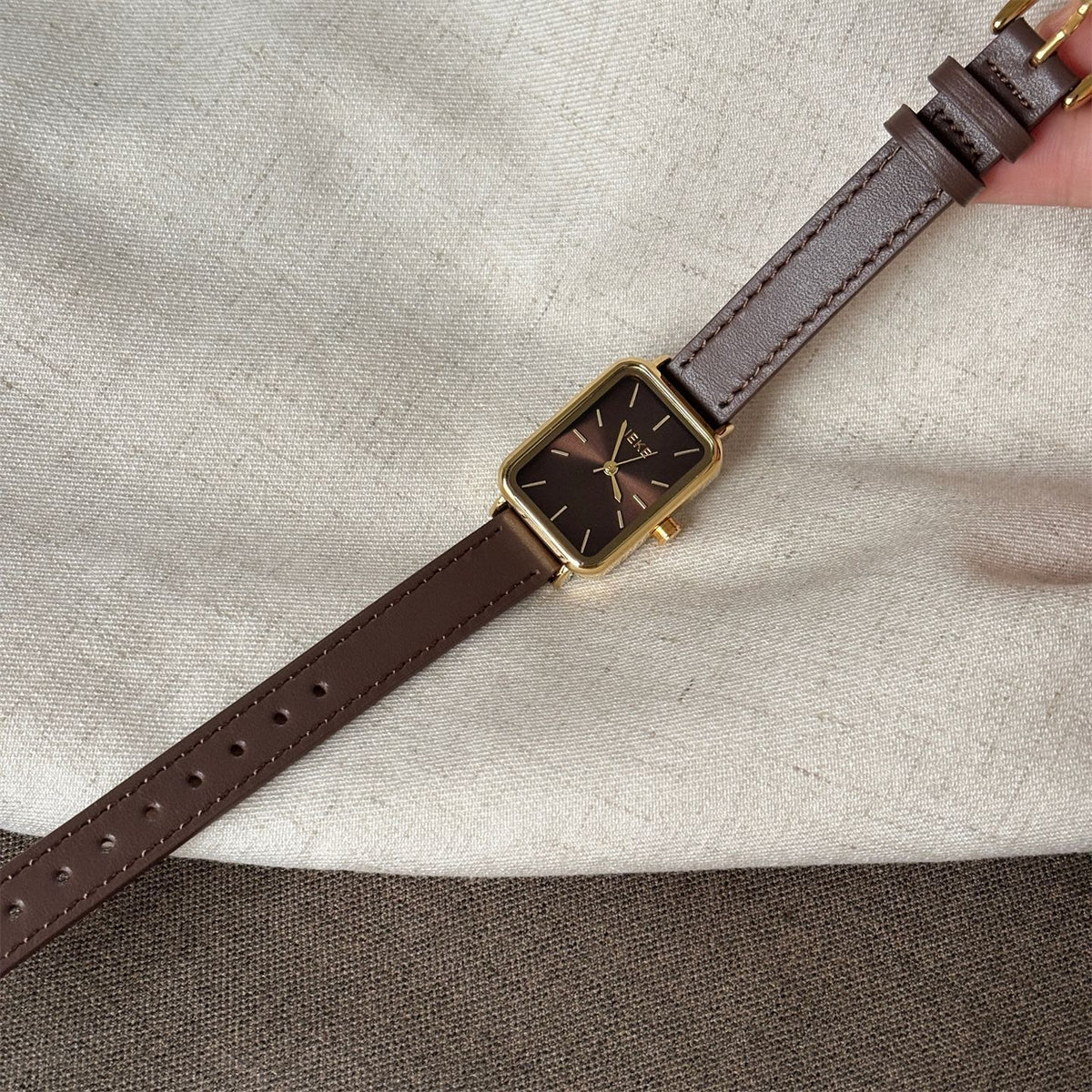 IEKE Vintage Estate Rectangular Tank Watch with Leather Strap - Quiet Luxury Quartz Watch for Women
