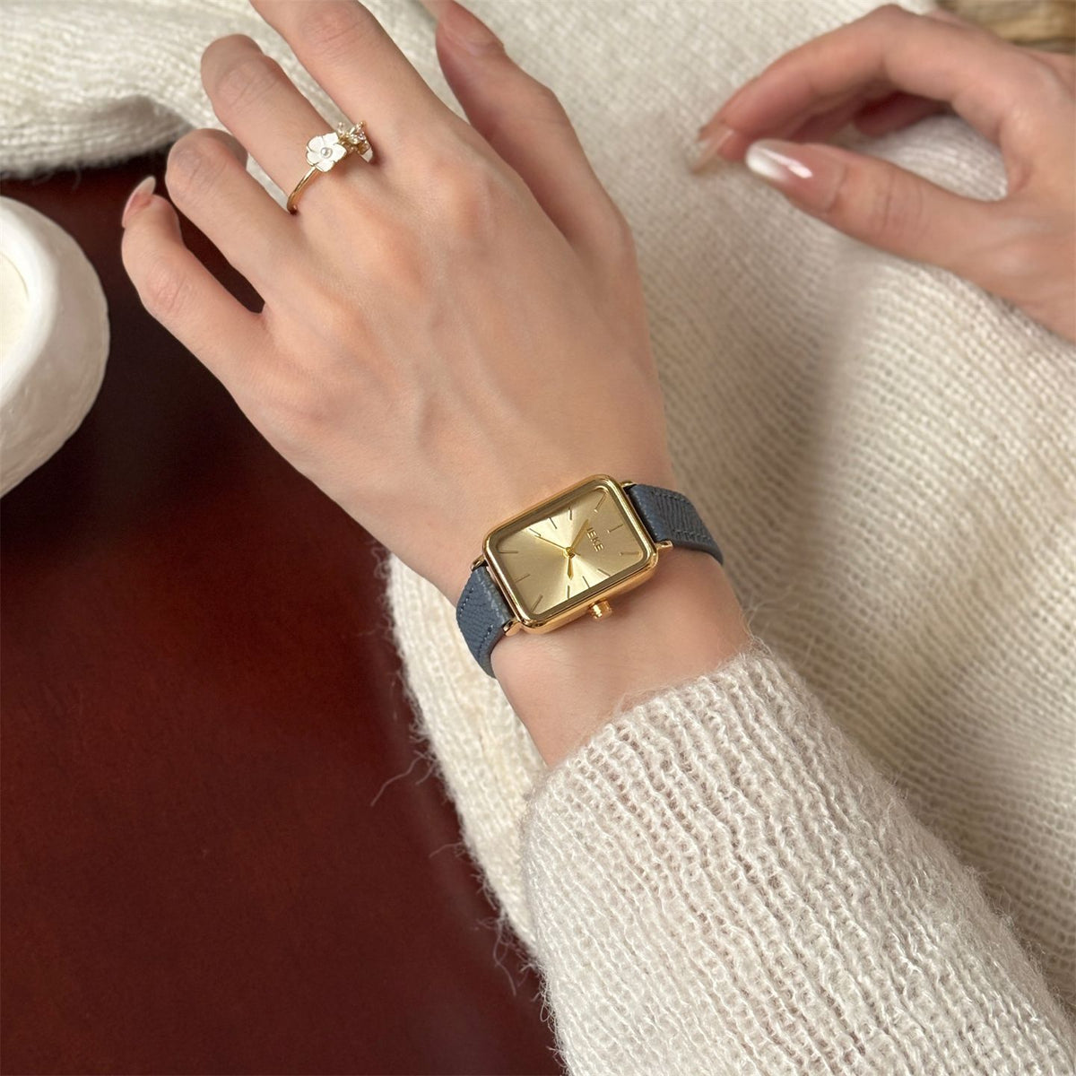 IEKE Vintage Estate Rectangular Tank Watch with Leather Strap - Quiet Luxury Quartz Watch for Women