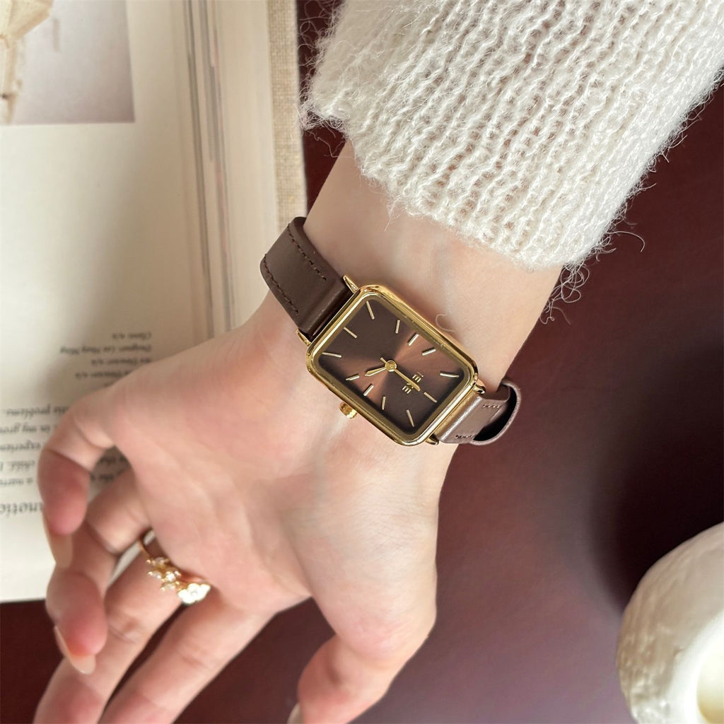 IEKE Vintage Estate Rectangular Tank Watch with Leather Strap - Quiet Luxury Quartz Watch for Women