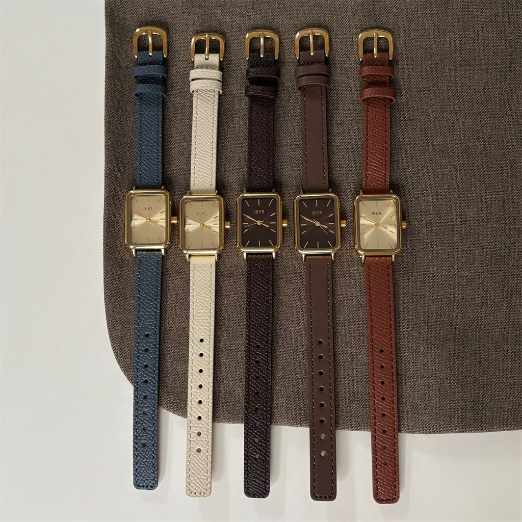 IEKE Vintage Estate Rectangular Tank Watch with Leather Strap - Quiet Luxury Quartz Watch for Women