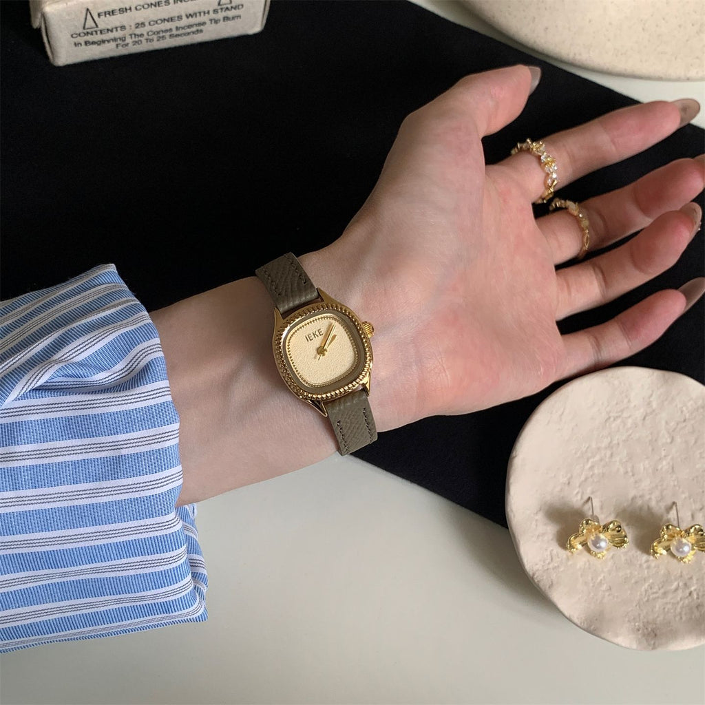 IEKE Woven Wicker Pattern Cushion Leather Watch - Basketweave Textured Quartz Watch for Women