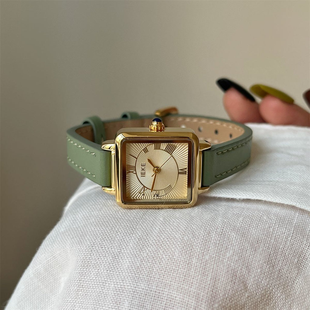 IEKE Haute Vintage Square Slim Leather Watch - Parisian Salon Tank Quartz Watch for Women