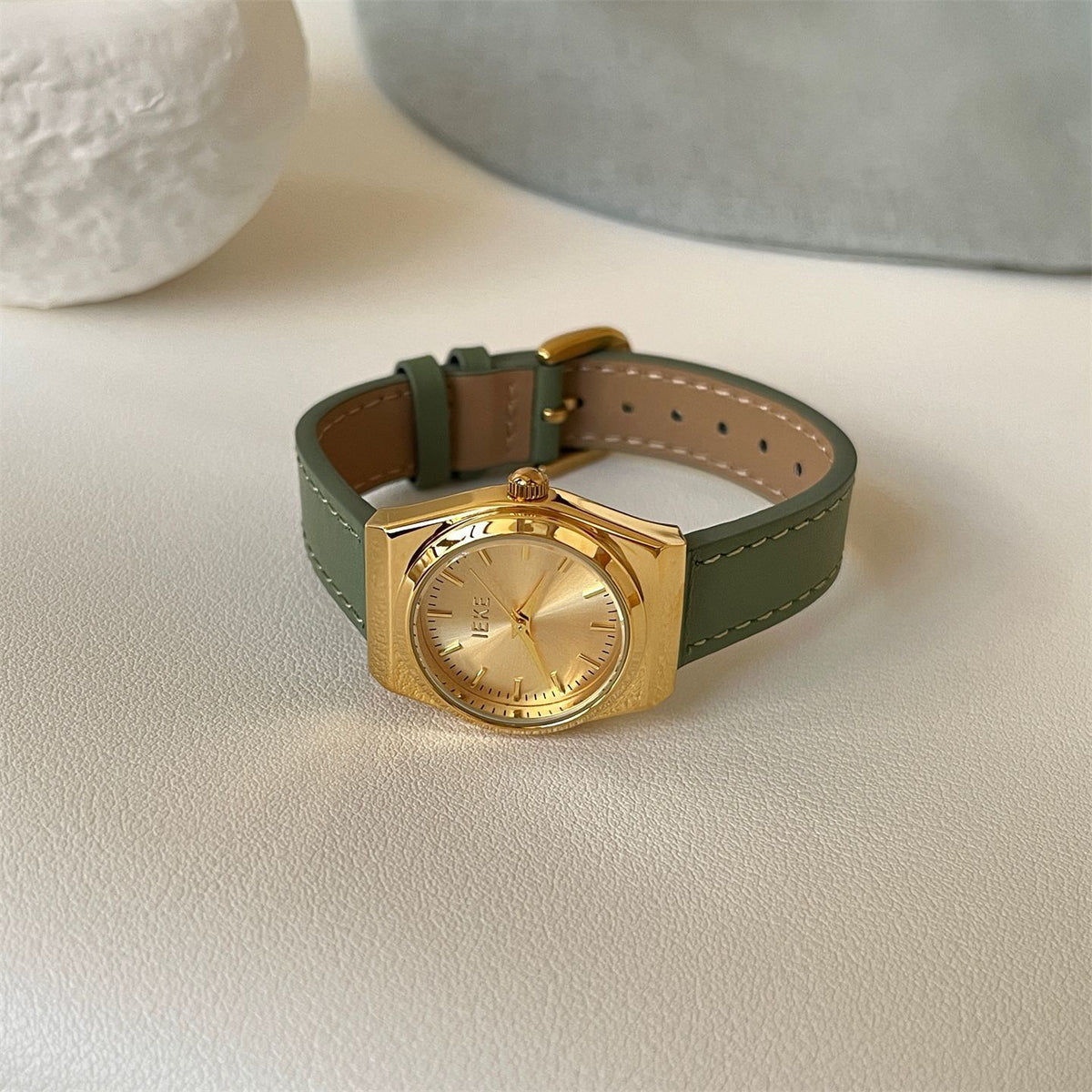 IEKE Korean Artisan Petite Oval Leather Watch - Modern Vintage Quartz Watch for Women