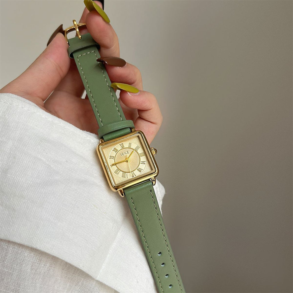 IEKE Haute Vintage Square Slim Leather Watch - Parisian Salon Tank Quartz Watch for Women