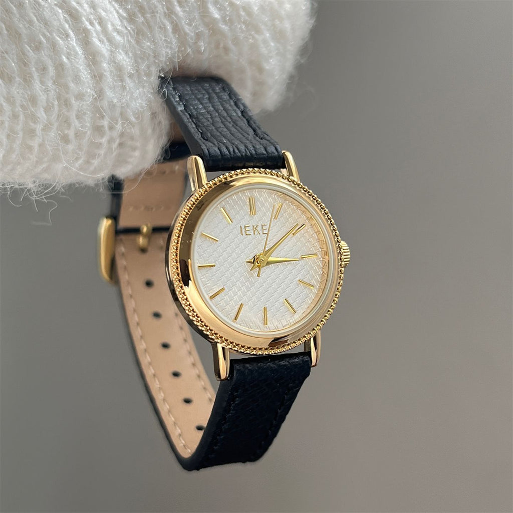 IEKE Literary Minimalist Petite Round Leather Watch - Vintage Atelier Quartz Watch for Women