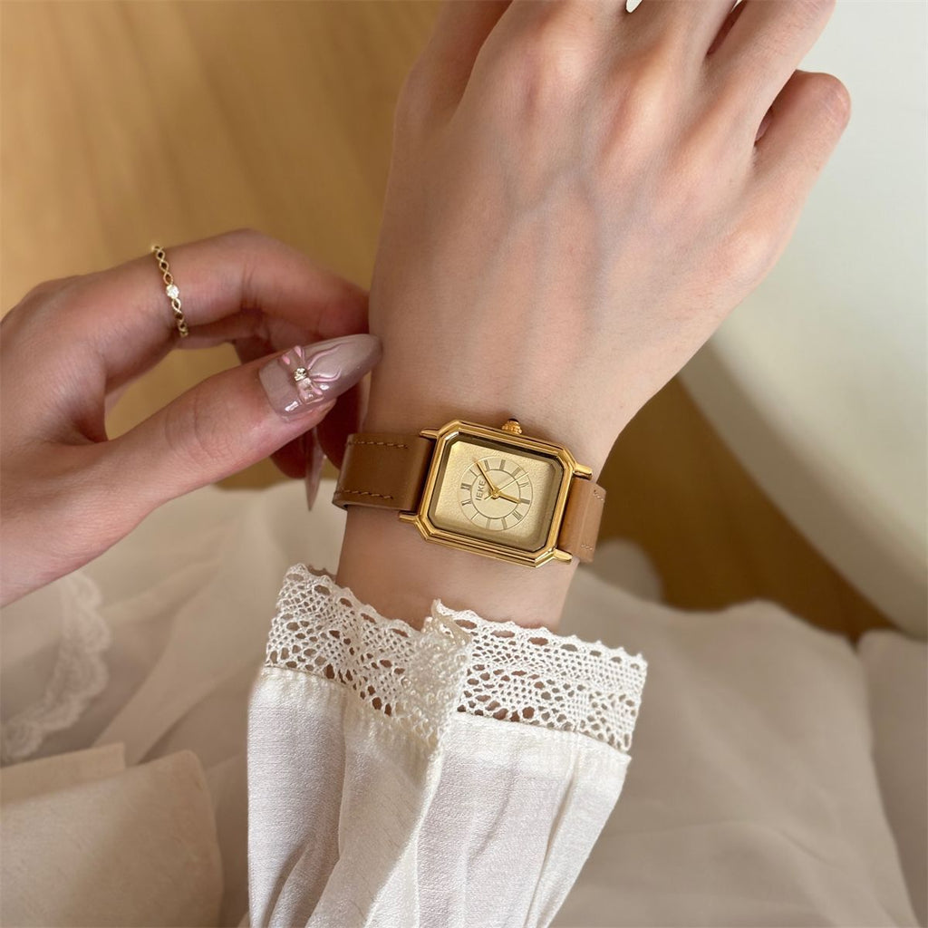 IEKE Haute Vintage Square Slim Leather Watch - Parisian Salon Tank Quartz Watch for Women