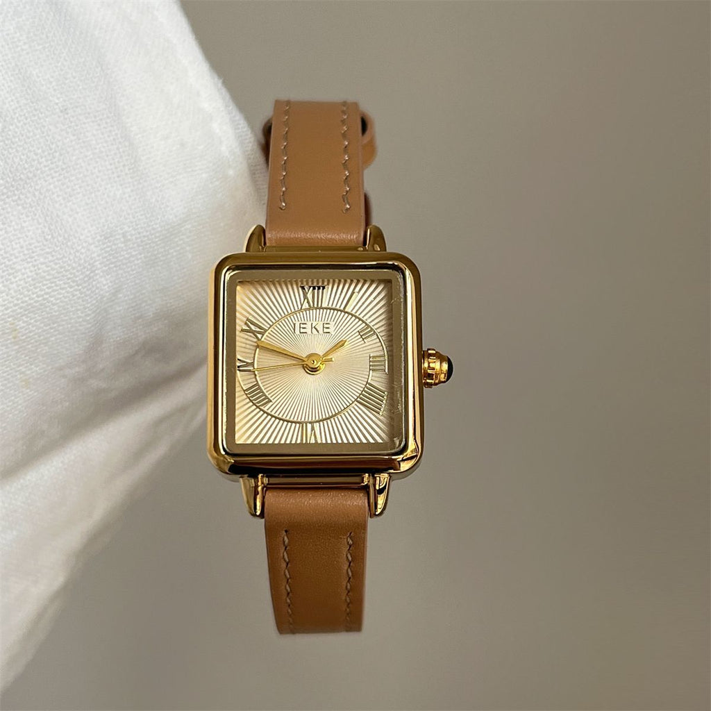 IEKE Haute Vintage Square Slim Leather Watch - Parisian Salon Tank Quartz Watch for Women