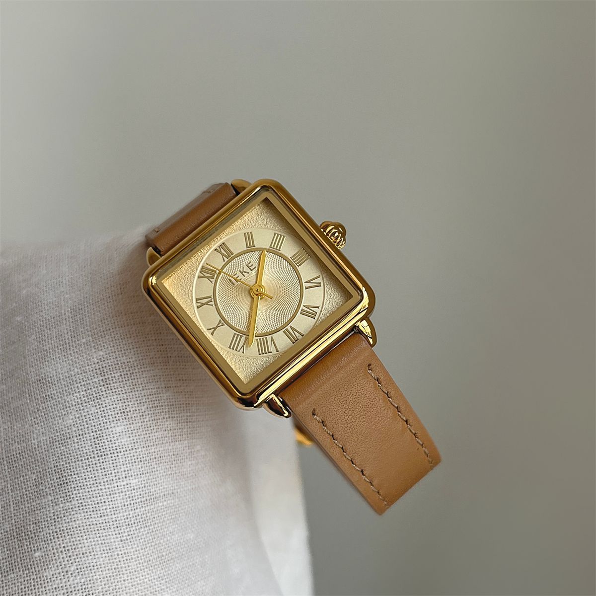 IEKE Haute Vintage Square Slim Leather Watch - Parisian Salon Tank Quartz Watch for Women