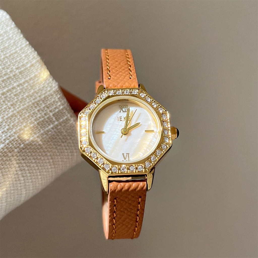 IEKE Octagonal Polygon Petite Slim Leather Watch - Geometric Place Vendôme Quartz Watch for Women