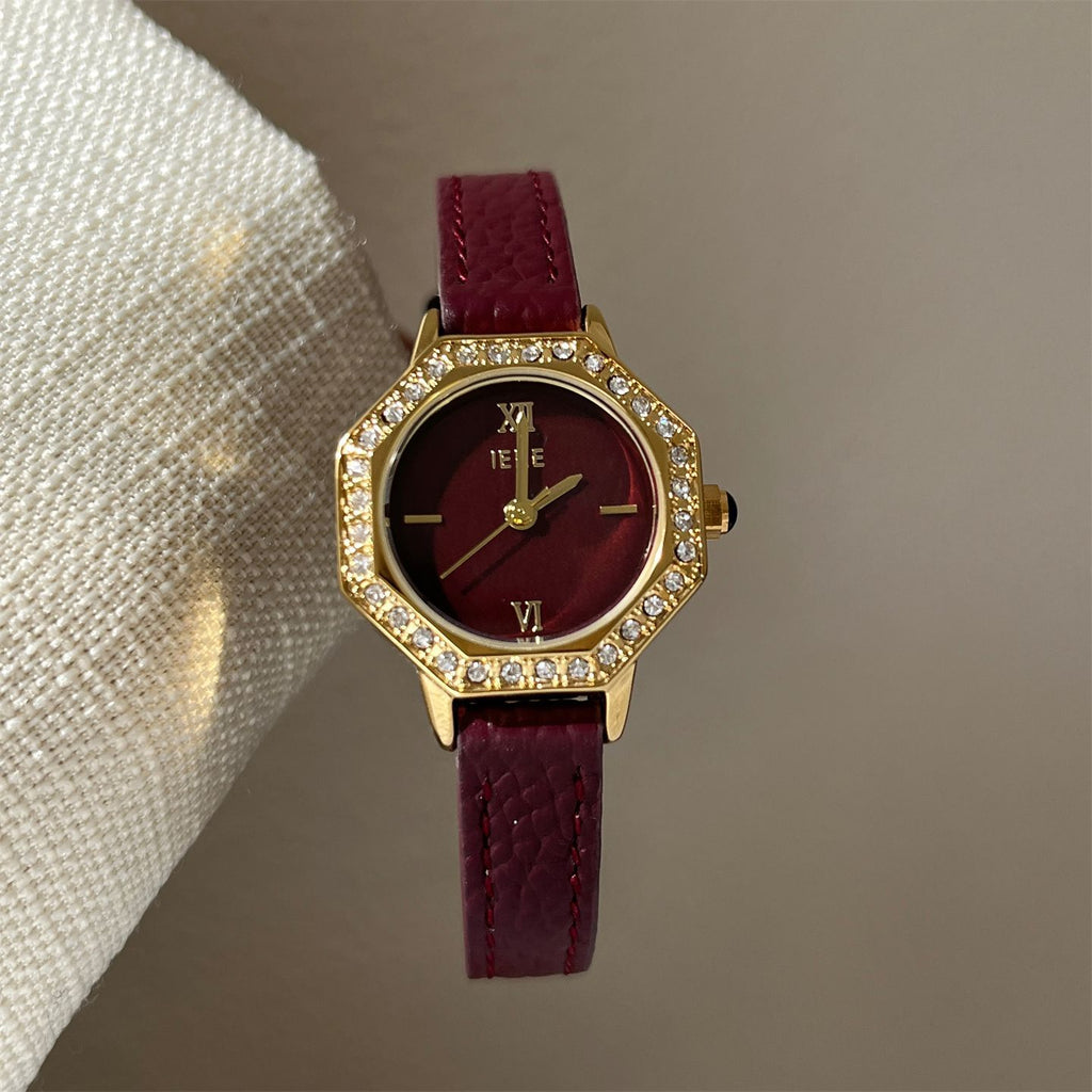 IEKE Octagonal Polygon Petite Slim Leather Watch - Geometric Place Vendôme Quartz Watch for Women