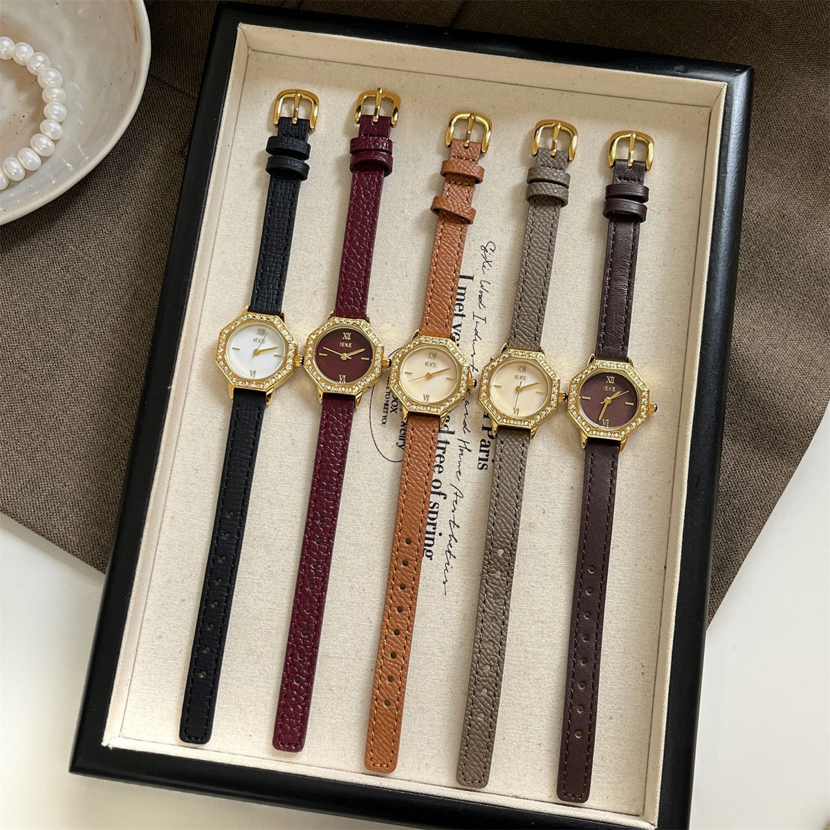 IEKE Octagonal Polygon Petite Slim Leather Watch - Geometric Place Vendôme Quartz Watch for Women