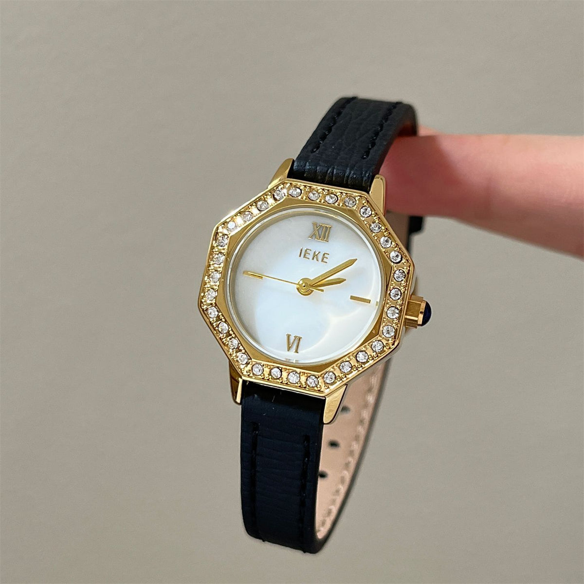IEKE Octagonal Polygon Petite Slim Leather Watch - Geometric Place Vendôme Quartz Watch for Women