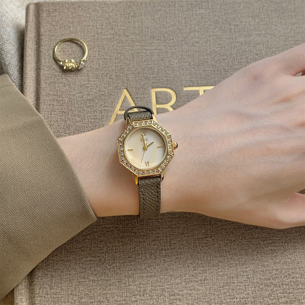 IEKE Octagonal Polygon Petite Slim Leather Watch - Geometric Place Vendôme Quartz Watch for Women