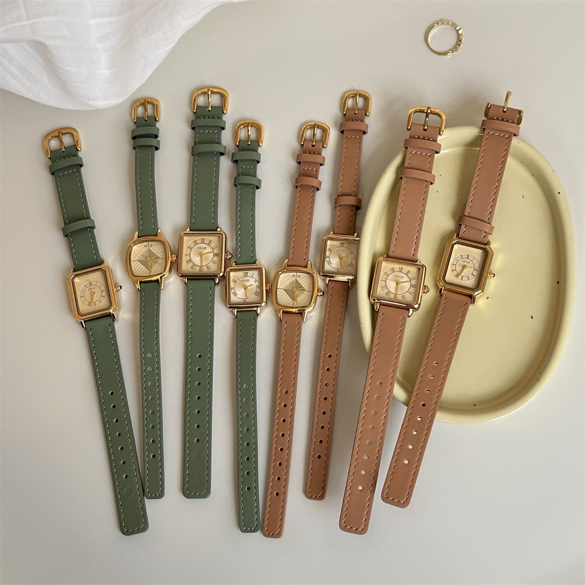 IEKE Haute Vintage Square Slim Leather Watch - Parisian Salon Tank Quartz Watch for Women