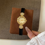 IEKE Camellia Motif Petite Slim Leather Watch - French Floral Couture Quartz Watch for Women