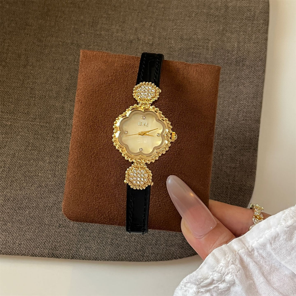 IEKE Camellia Motif Petite Slim Leather Watch - French Floral Couture Quartz Watch for Women