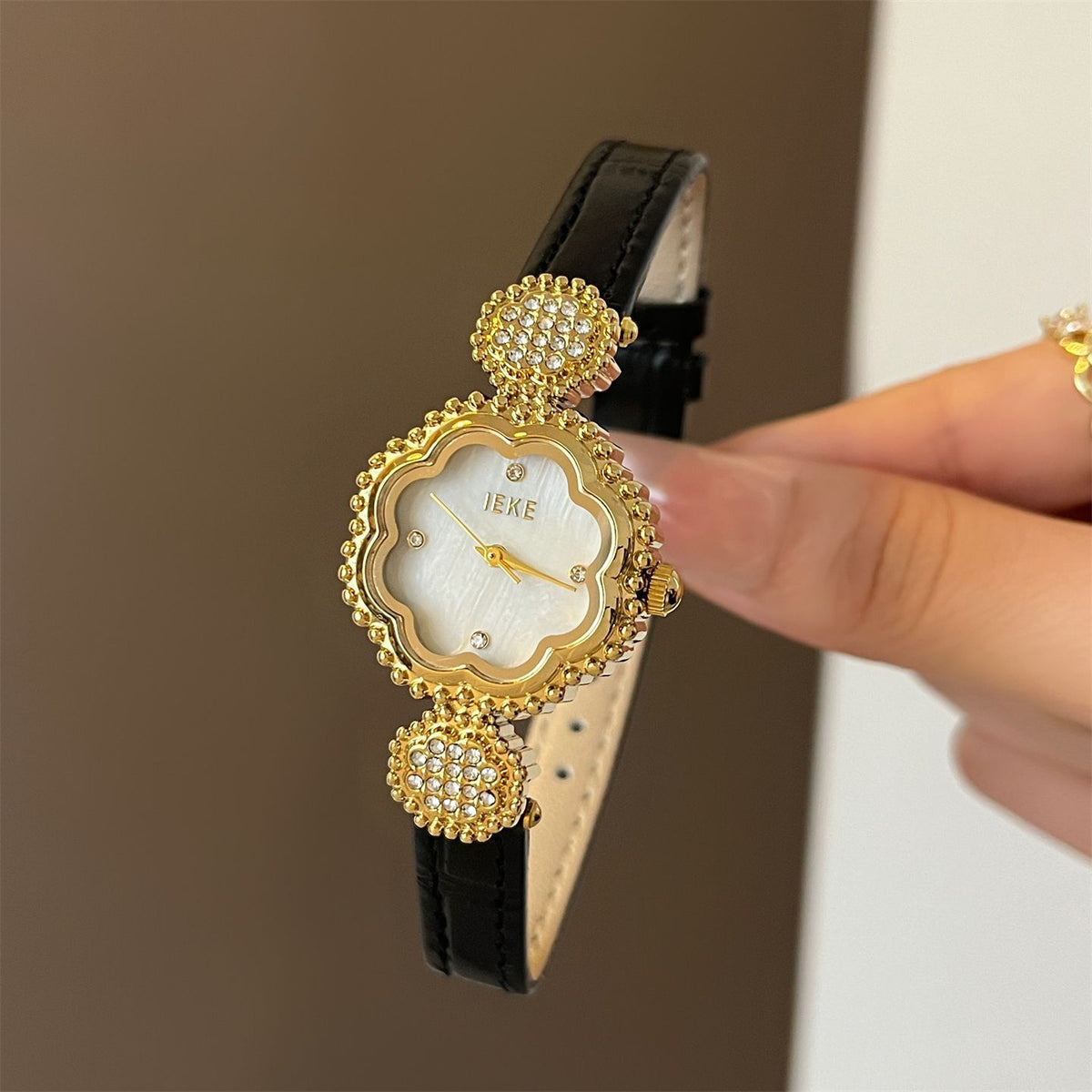 IEKE Camellia Motif Petite Slim Leather Watch - French Floral Couture Quartz Watch for Women
