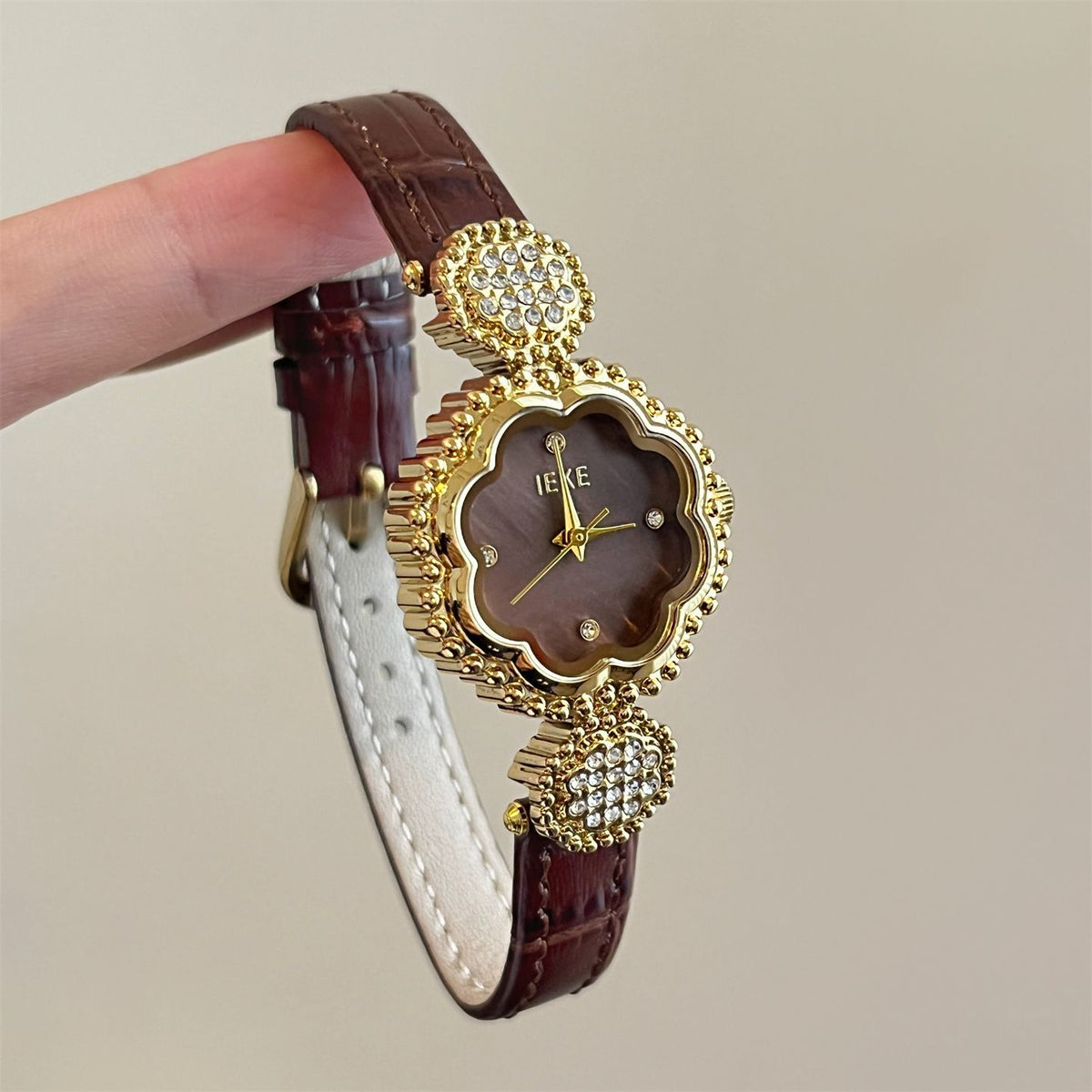IEKE Camellia Motif Petite Slim Leather Watch - French Floral Couture Quartz Watch for Women