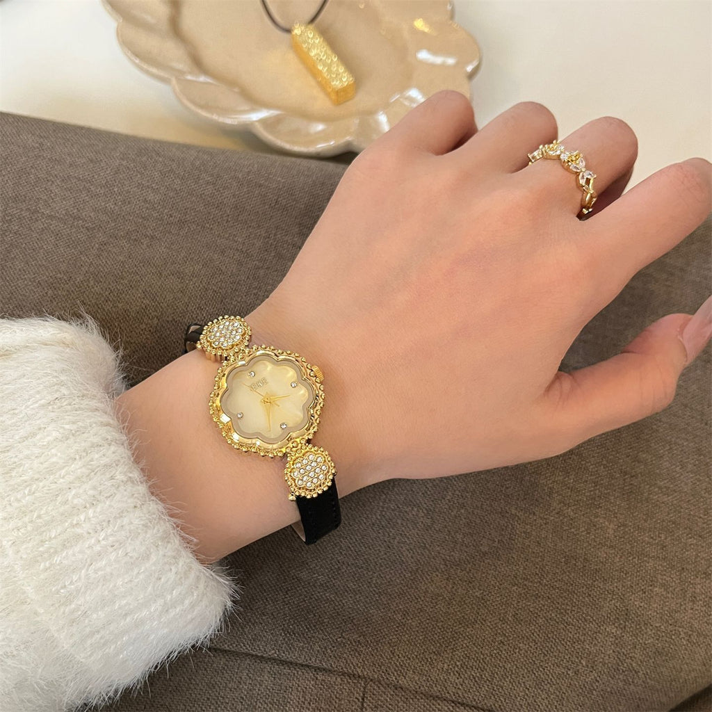 IEKE Camellia Motif Petite Slim Leather Watch - French Floral Couture Quartz Watch for Women