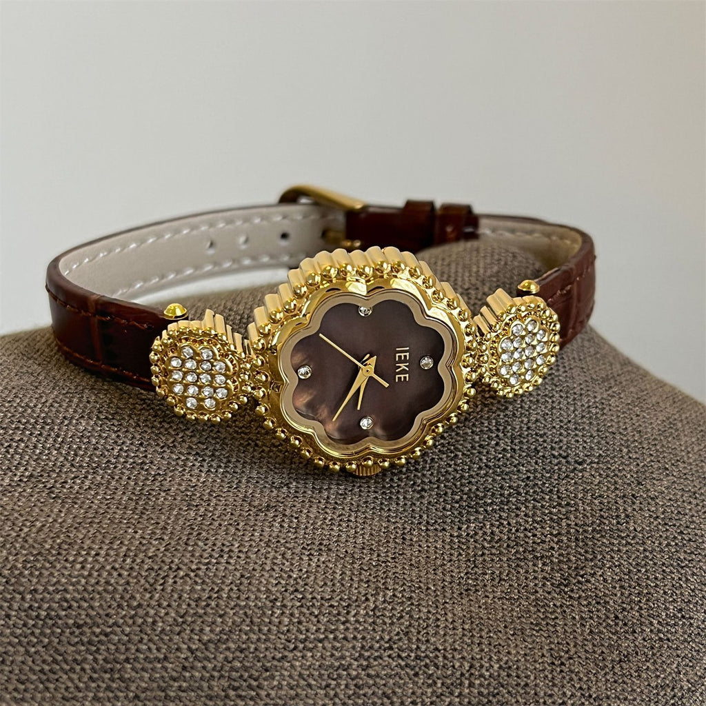 IEKE Camellia Motif Petite Slim Leather Watch - French Floral Couture Quartz Watch for Women