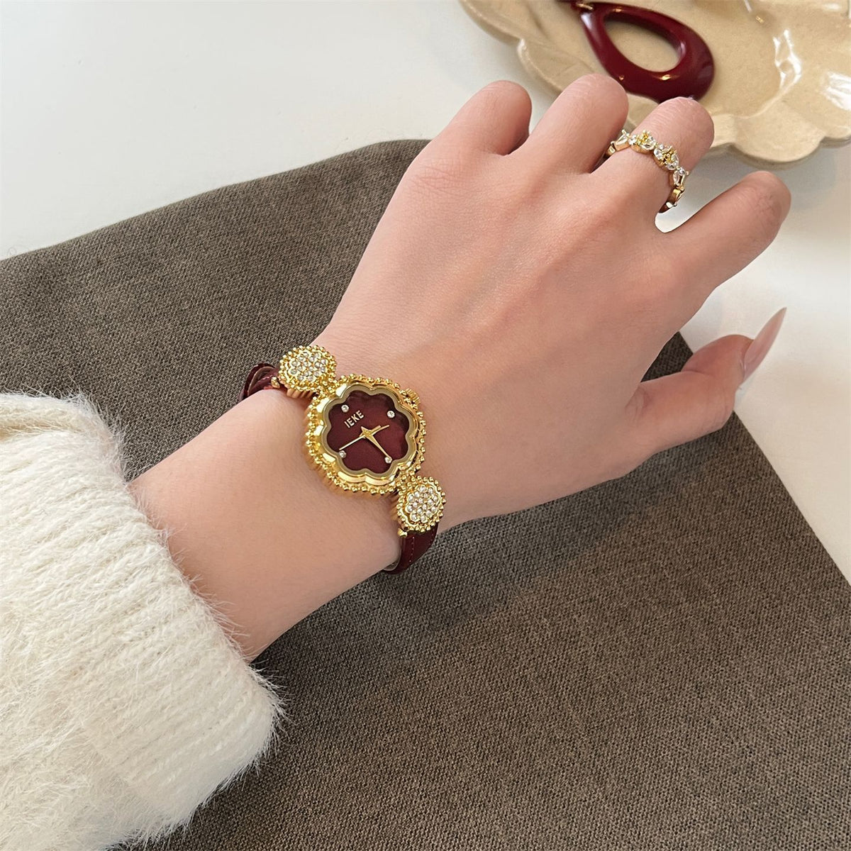 IEKE Camellia Motif Petite Slim Leather Watch - French Floral Couture Quartz Watch for Women