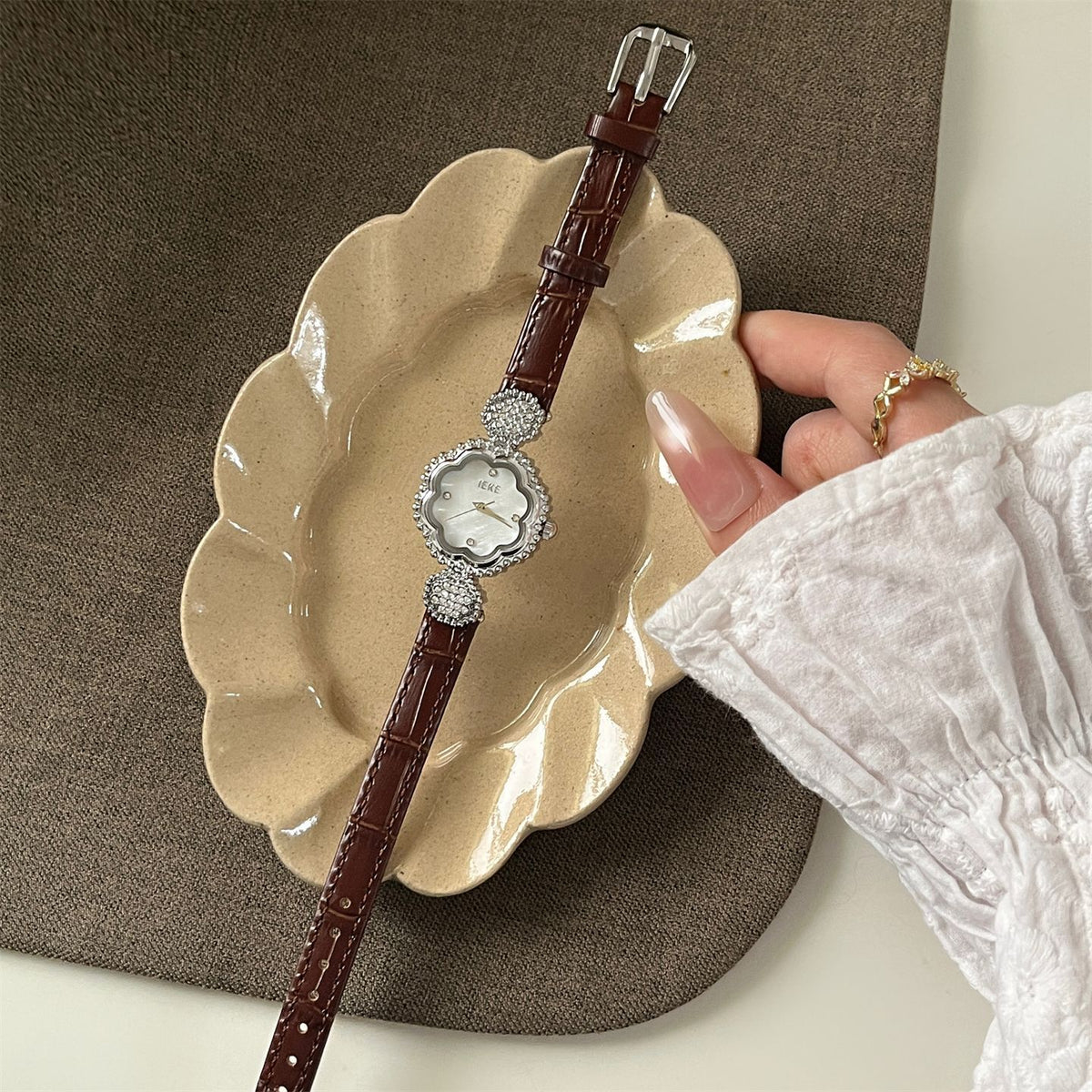 IEKE Camellia Motif Petite Slim Leather Watch - French Floral Couture Quartz Watch for Women