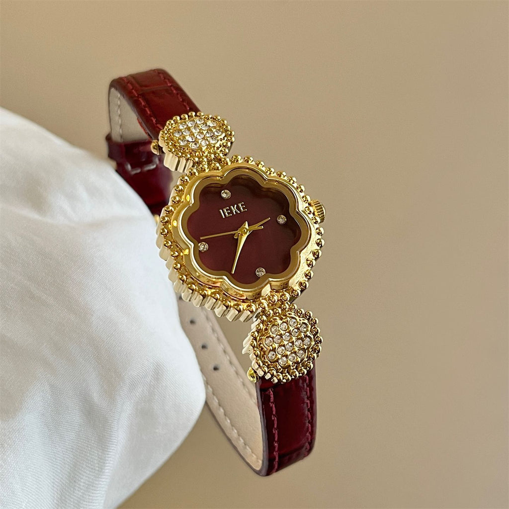 IEKE Camellia Motif Petite Slim Leather Watch - French Floral Couture Quartz Watch for Women