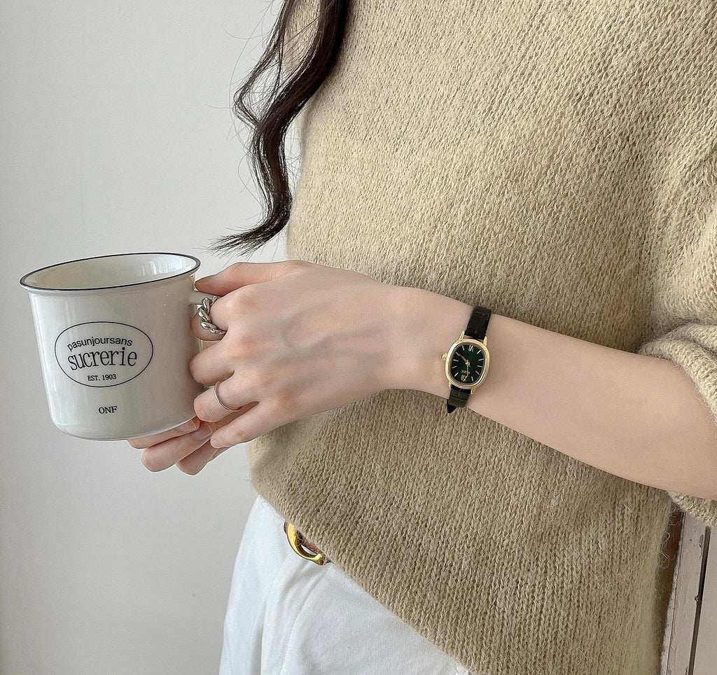 IEKE Petite Oval Watch with Slim Leather Strap - Vintage Minimalist Dress Watch for Women