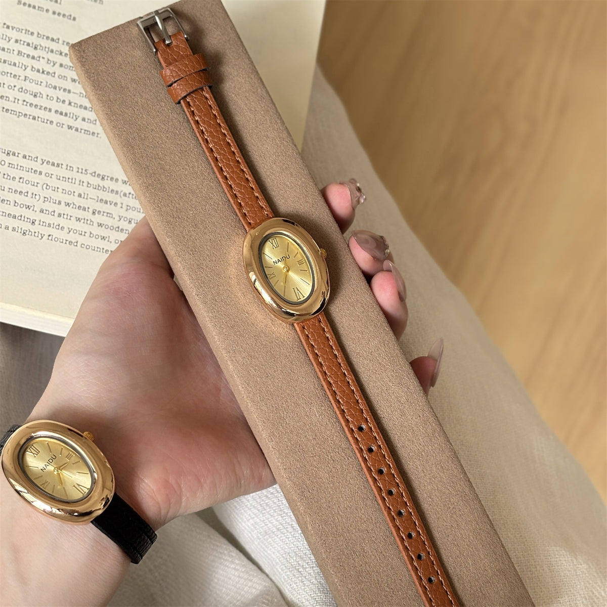 Vintage Baignoire Oval Gold Watch with Petite Leather Strap - French Chic Tank Watch for Women