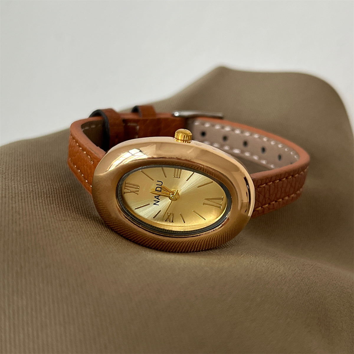Vintage Baignoire Oval Gold Watch with Petite Leather Strap - French Chic Tank Watch for Women