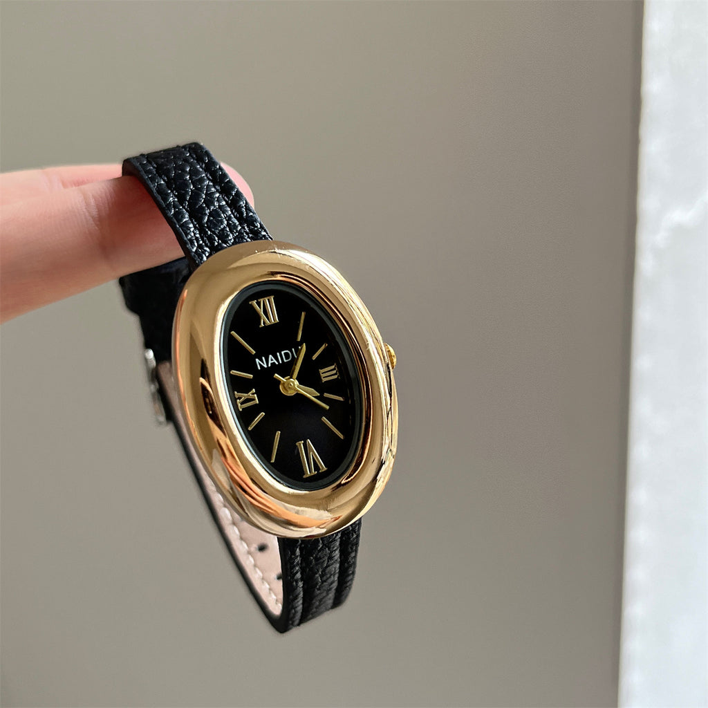 Vintage Baignoire Oval Gold Watch with Petite Leather Strap - French Chic Tank Watch for Women