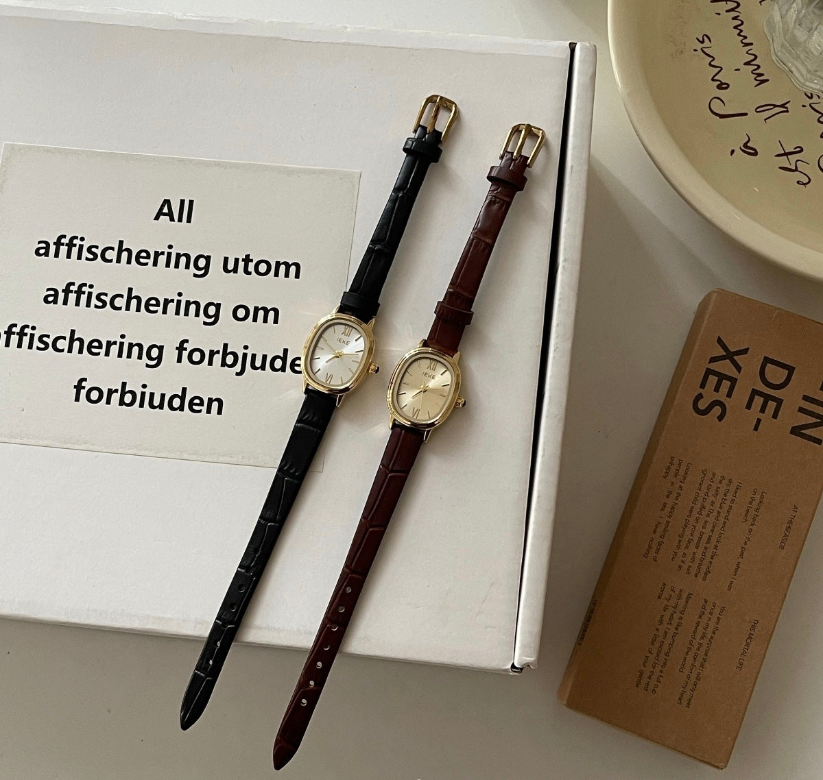 IEKE Petite Oval Watch with Slim Leather Strap - Vintage Minimalist Dress Watch for Women