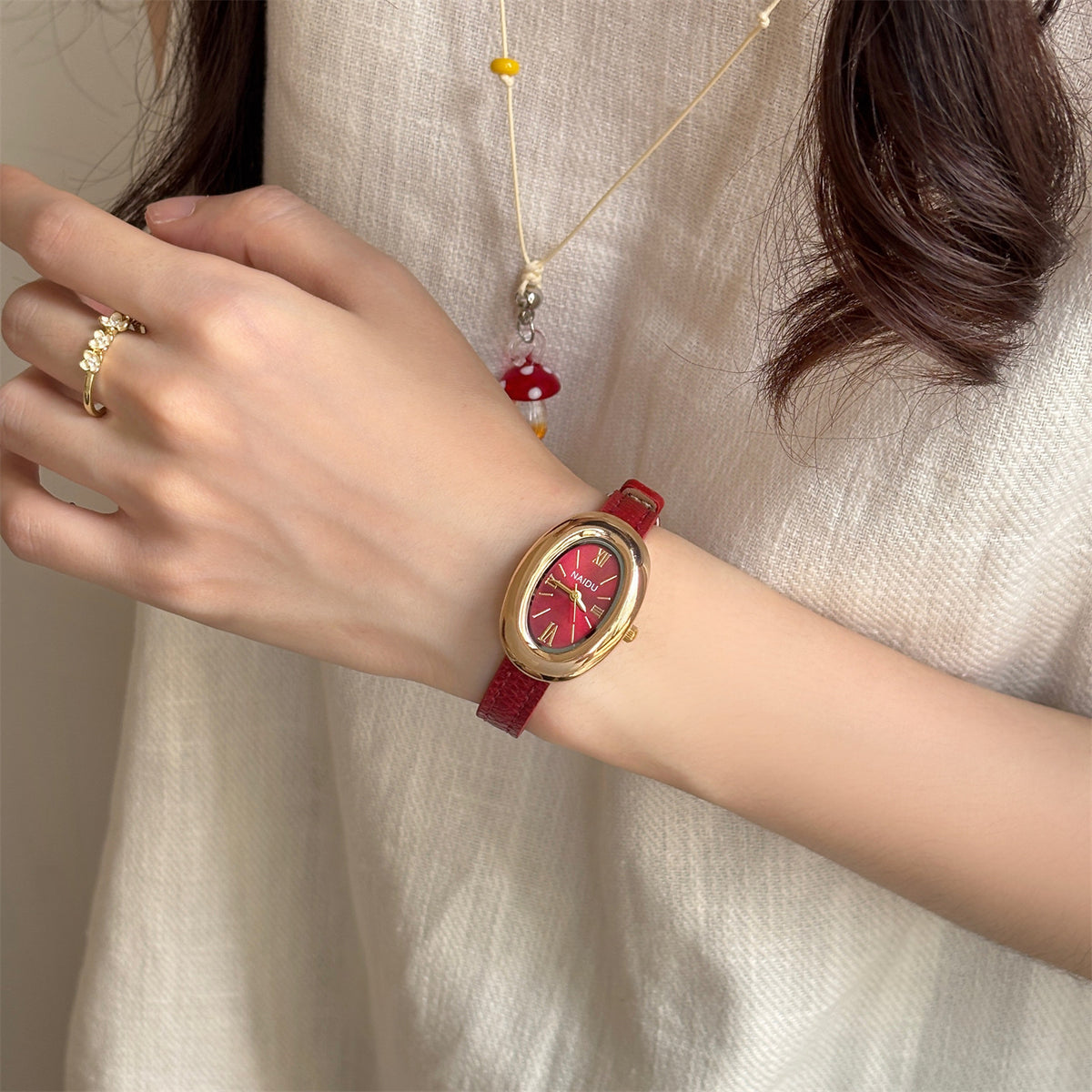 Vintage Baignoire Oval Gold Watch with Petite Leather Strap - French Chic Tank Watch for Women