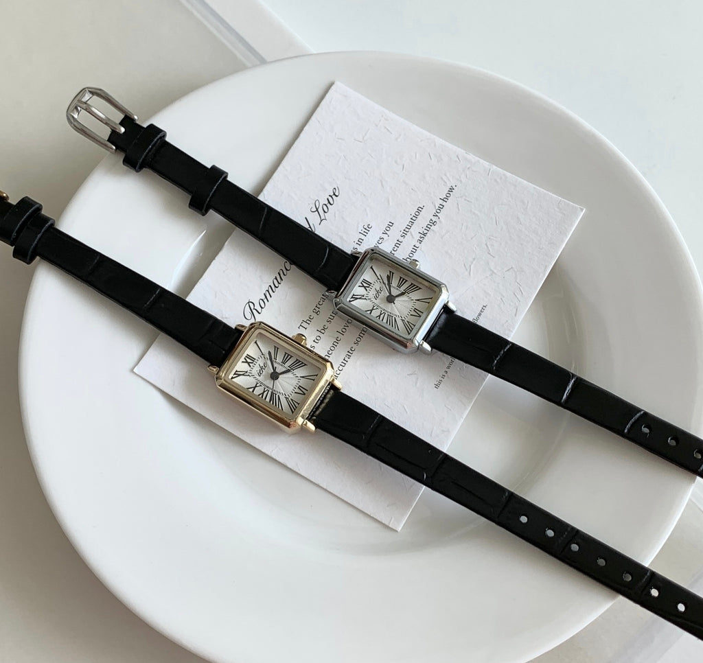 IEKE French Literary Roman Square Watch with Leather Strap - Retro Petite Quartz Watch for Women
