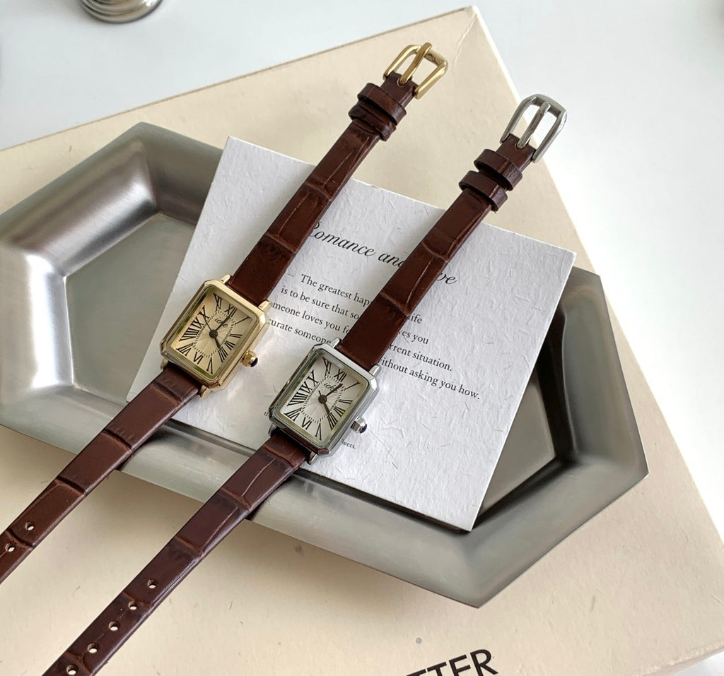 IEKE French Literary Roman Square Watch with Leather Strap - Retro Petite Quartz Watch for Women