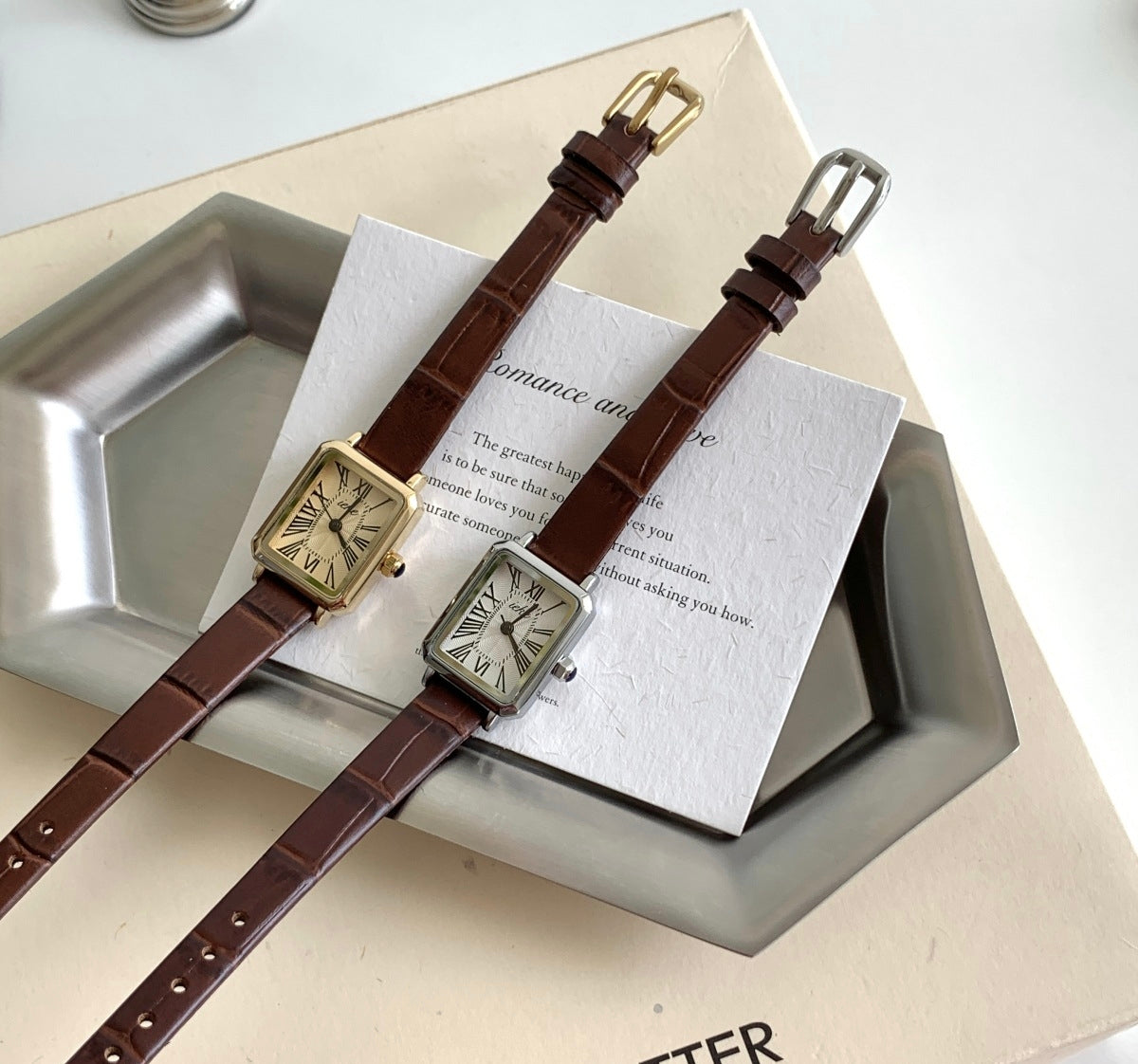 IEKE French Literary Roman Square Watch with Leather Strap - Retro Petite Quartz Watch for Women