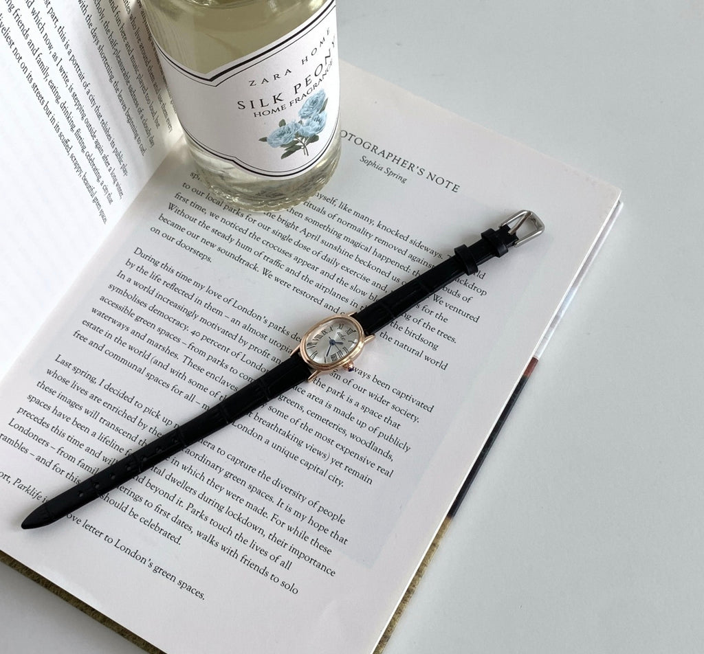 IEKE French Vintage Petite Oval Watch with Genuine Leather Strap - Classic Quartz Dress Watch for Women