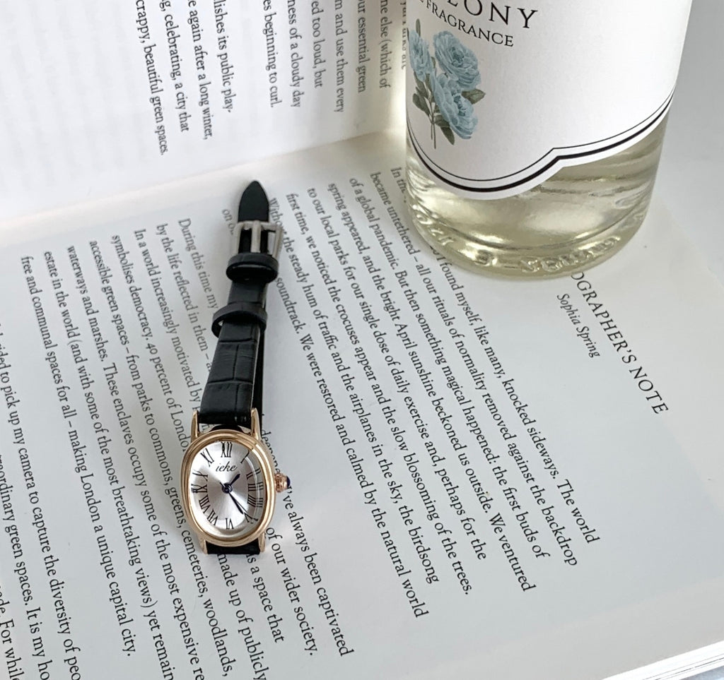 IEKE French Vintage Petite Oval Watch with Genuine Leather Strap - Classic Quartz Dress Watch for Women