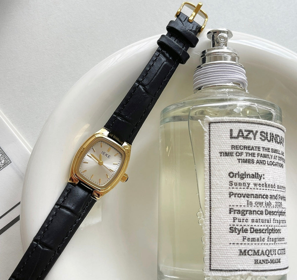 IEKE Black and Gold Petite Dial Watch with Leather Strap - Vintage Artistic Minimalist Watch for Women