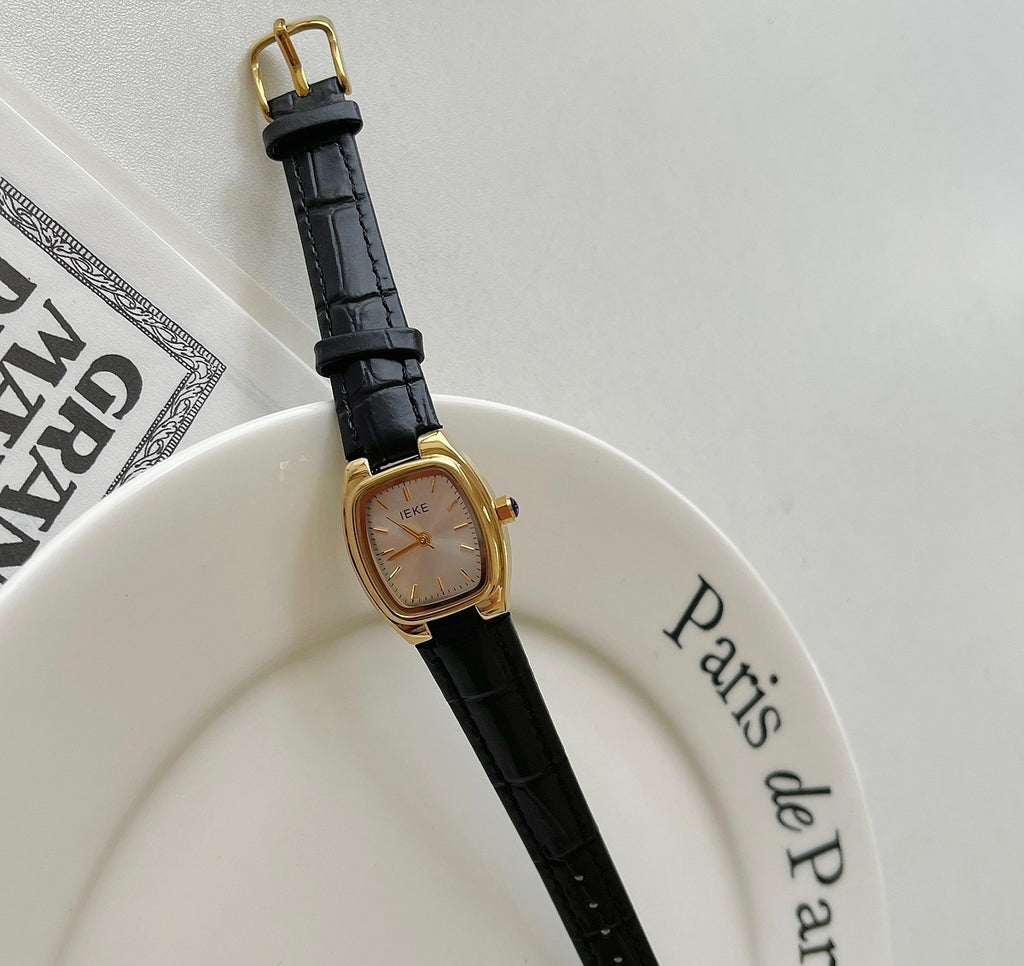 IEKE Black and Gold Petite Dial Watch with Leather Strap - Vintage Artistic Minimalist Watch for Women