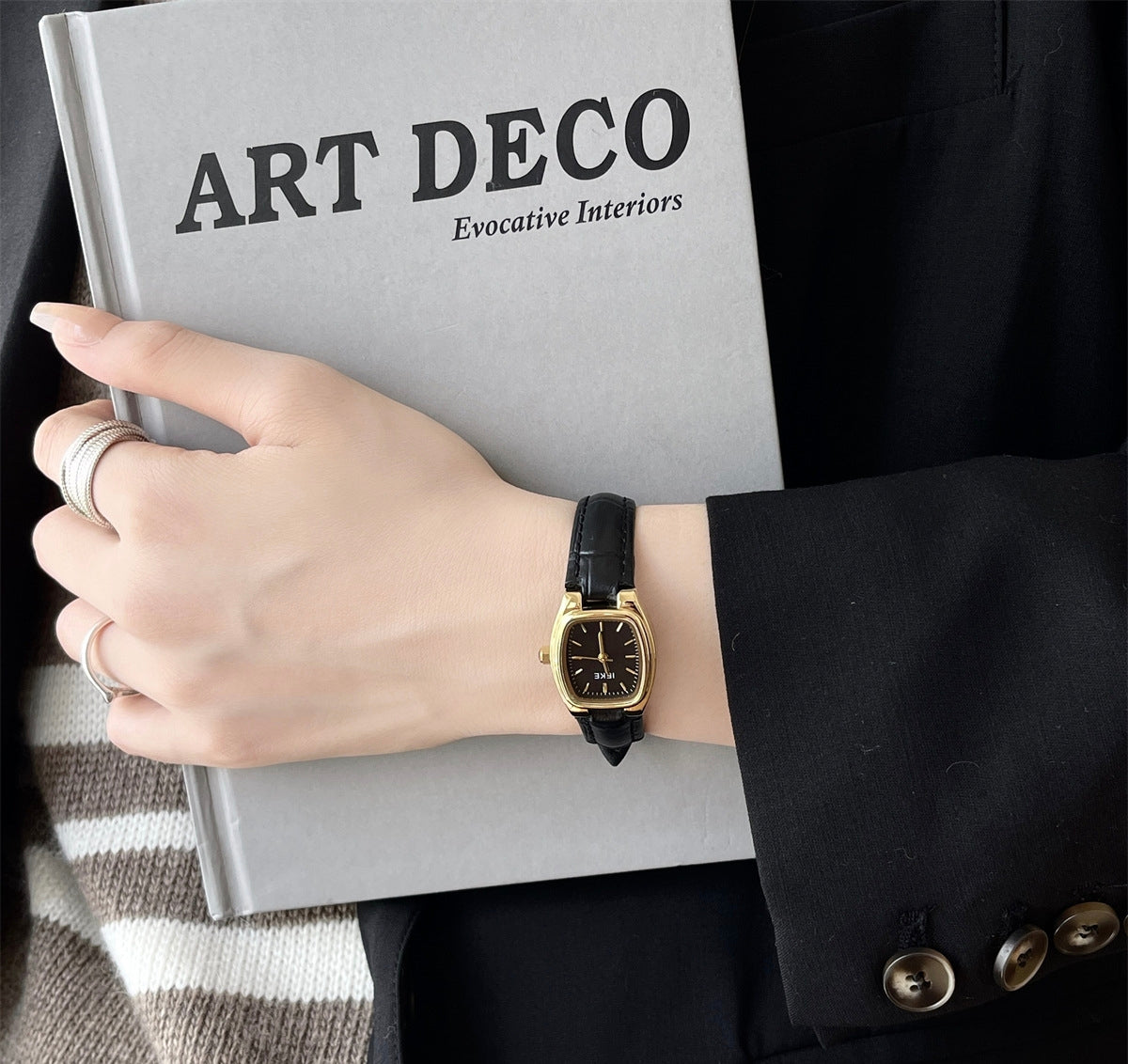 IEKE Black and Gold Petite Dial Watch with Leather Strap - Vintage Artistic Minimalist Watch for Women