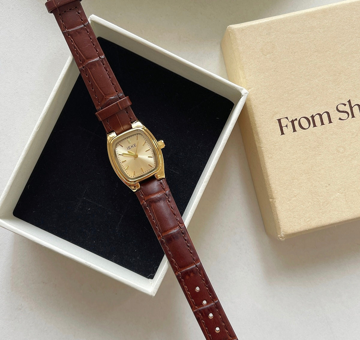 IEKE Black and Gold Petite Dial Watch with Leather Strap - Vintage Artistic Minimalist Watch for Women